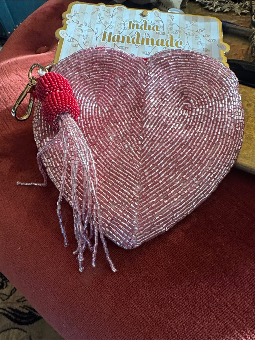 Handmade Pink Beaded Heart Wristlet -